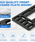 Heavy Duty Universal Front License Plate Bracket Mount No Sweat Setup For Standard Twelve By Six Inch Us Plates showing ABS plastic and brass nuts.