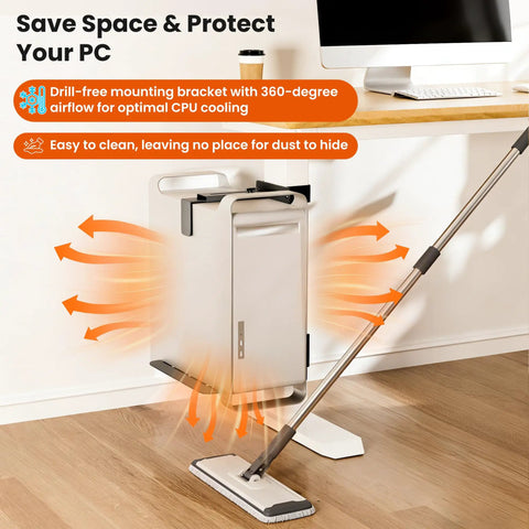 Rock Solid Under Desk PC Mount Bracket With No Drill Hardware And Fifty Pound Capacity For Standard Table Legs, showcasing airflow and easy cleaning.