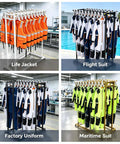 Heavy Duty Double Row Rolling Garment Rack With Twenty Bars For Life Vests And Wetsuits Ventilated Drying Shelf holding life jackets and uniforms.