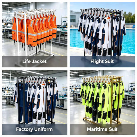 Heavy Duty Double Row Rolling Garment Rack With Twenty Bars For Life Vests And Wetsuits Ventilated Drying Shelf holding life jackets and uniforms.