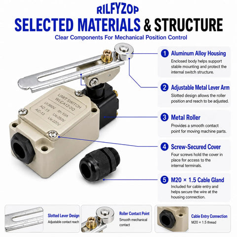 Heavy Lifter Adjustable Roller Lever Limit Switch For Factory Equipment 380V 10A with slotted metal arm and adjustable roller.