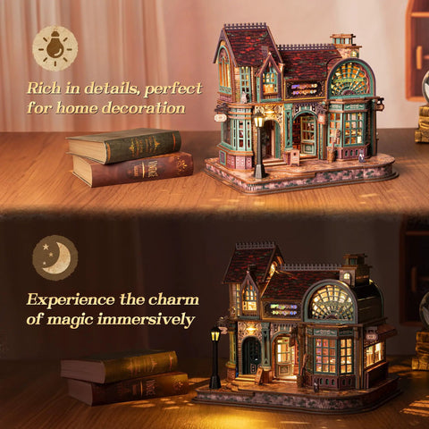 3D Wooden Puzzle Bookstore With LED Lights Spellbound Miniature Kit for Desk Display, magical illuminated bookshop scene