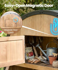 Close-up of All In One Outdoor Storage Shed With Domed Roof Waterproof Tool Cabinet And Lockable Multi Functional Organizer with open magnetic door revealing gardening tools.