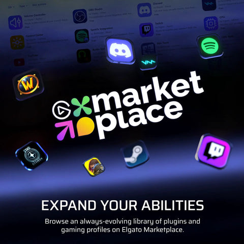 Elgato Marketplace logo with various app icons for plugins, enhancing Black Galleon 100 RGB Mechanical Wired Gaming Keyboard usability.