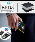 Hand placing Ultra Slim Front Pocket AirTag Wallet With RFID Blocking Card Holder And AirTag Slot into pocket, RFID layers shown