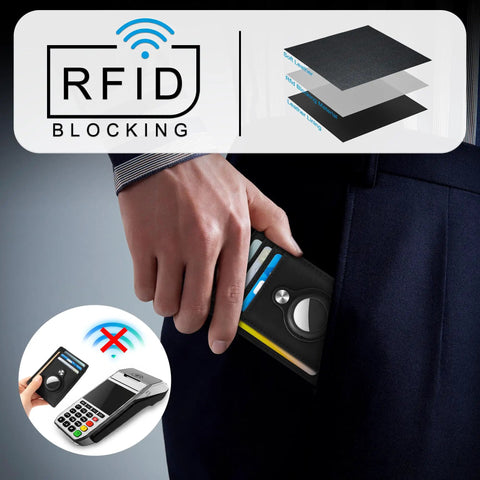 Hand placing Ultra Slim Front Pocket AirTag Wallet With RFID Blocking Card Holder And AirTag Slot into pocket, RFID layers shown