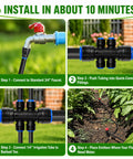 Four-step installation guide for a 230 Feet Drip Irrigation Kit With Quick Push To Connect No Tool Setup Auto Garden Watering System