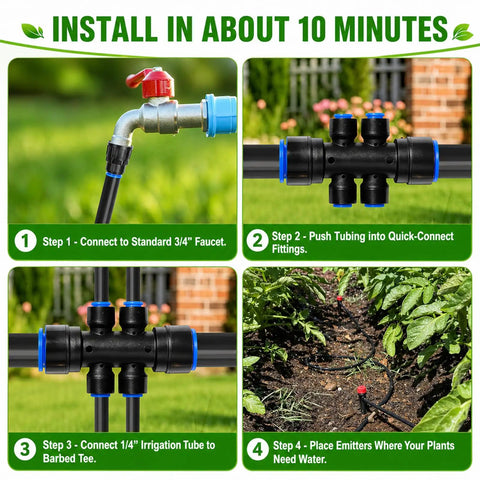 Four-step installation guide for a 230 Feet Drip Irrigation Kit With Quick Push To Connect No Tool Setup Auto Garden Watering System