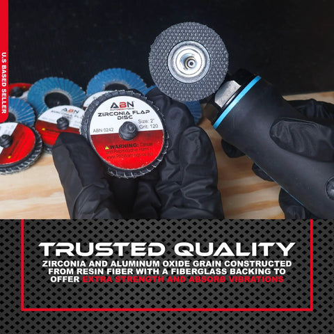 Two Inch 120 Grit Zirconia Aluminum Oxide Sanding Discs Set, 10 Pack shown with close-up on disc and grinder use