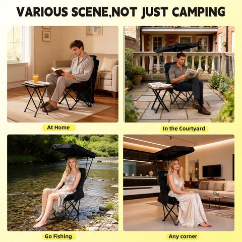 Portable Camping Chair With Adjustable Shade Canopy indoors and outdoors, showcasing use in different settings.