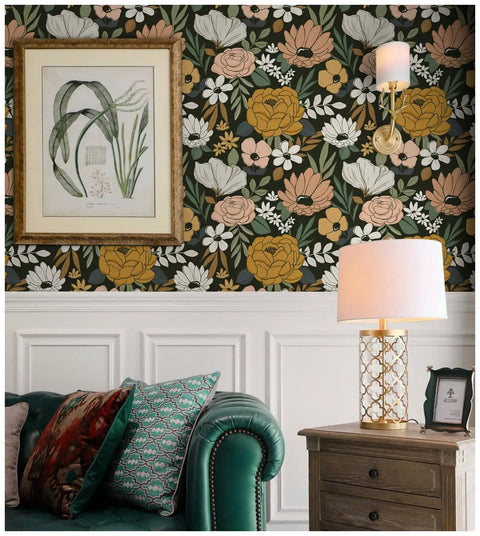 Living room with Vintage Floral Peel And Stick Wallpaper With Daisy Leaf Pattern In Black Sand And Olive Vinyl Self Adhesive Contact Paper For Walls 17.7 In By 9.8 Ft Removable Repositionable And Renter Friendly, featuring floral pattern, framed art, lamp on wooden side table.