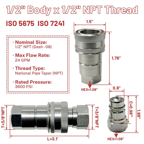 Half Inch ISO 5675 Agriculture Hydraulic Quick Connect Couplers With Poppet Valve, Half Inch NPT Thread, 3600 PSI, High Flow Up To 24 GPM, Heavy Duty Farm Grade Quick Disconnect, Fits Parker 8010 Four And Pioneer Four Thousand Series