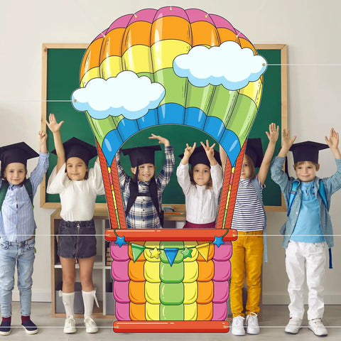 Children with Hot Air Balloon Photo Booth Props Two Piece Set With Colorful Backdrop Banner For Graduation Parties And Baby Showers
