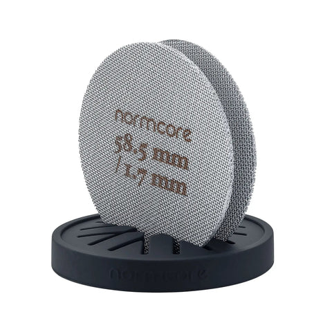 Two Pack 58.5mm Puck Screen With Stand For Espresso Machines Reusable Shower Screen With Silicone Holder on display