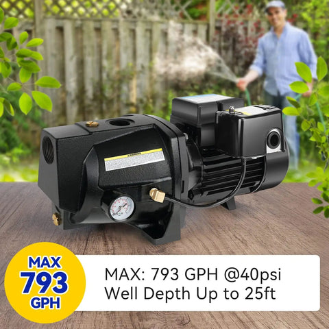 Workhorse Shallow Well Jet Pump With Cast Iron Body, 0.5 HP Motor, Handles Up To 25 Ft, Dual Voltage 115V And 230V on a wooden surface