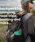 Person hiking with All In One Camping Poop Kit 6 Pack With Odor Control Poop Powder in backpack, outdoor setting.
