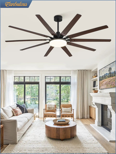 72 Inch Outdoor Ceiling Fan With Lights And Remote, black 10 blades, LED light, in modern living room setup