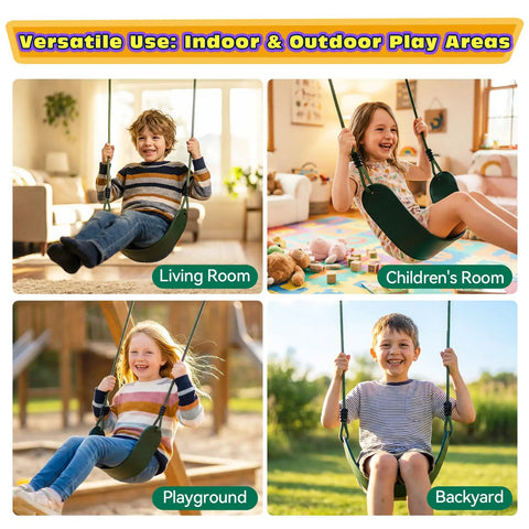 Children enjoying Heavy Duty Kids Swing Seat With 79 Inch Adjustable Rope And 330 Lbs Capacity, Includes 2 Carabiners And 2 Extra Hanging Straps, Swing Set Accessories For Outdoor Playground, Green 1 Pack in various play areas.