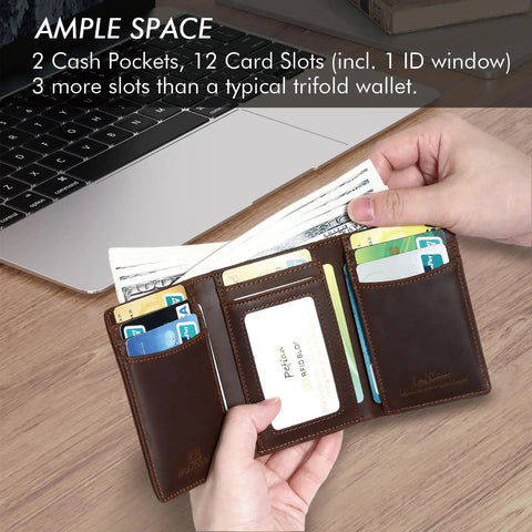 Person holding open Trifold Leather Wallet For Men RFID Blocking With 12 Card Slots, American Flag Design, Dark Brown, Durable Western Stitching.