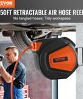 Retractable Air Hose Reel With Three Eighths Inch By Fifty Foot Hybrid Hose Up To 300 PSI For All Your Air Tools, wall mounted