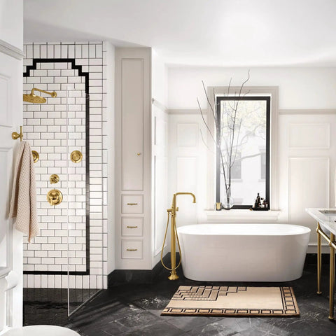 Luxurious bathroom featuring Colinet Double Robe Hook In Brushed Gold For Bath And Kitchen, Everyday Luxury Vibe, Flexible Placement.