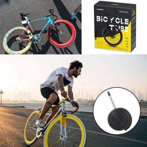 Collage with cyclist, colorful road bike, and Road Bike Inner Tubes 700c 28 To 32c with 60mm Presta Valve packaging and close-up.