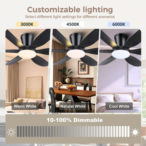 Low Profile 42 Inch Ceiling Fan With Lights And Remote Control Quiet Noiseless Dimmable Flush Mount Black For Bedroom And Small Living Spaces Easy Install showing customizable lighting options