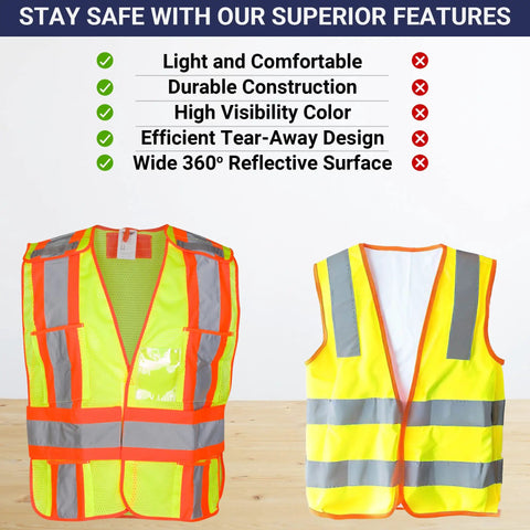 High Visibility ANSI Class 2 Breakaway Safety Vest With Five Pockets Yellow Mesh Front and Back View