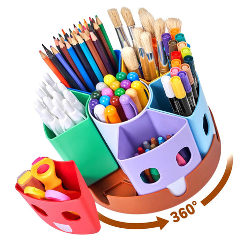 Rotating Art Supply Storage Organizer With 360 Degree Spin Base Kid Friendly Craft Caddy For Classrooms And Desks with pencils and markers.