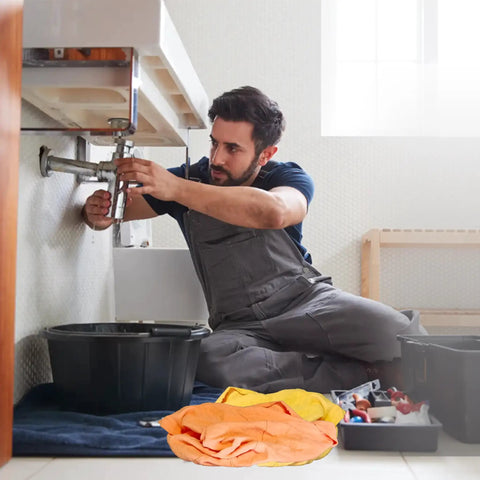 Mechanic using Color Knit Cleaning Rags 25 Lb Box Multipurpose Cotton T Shirt Rags For Auto Shops Workshops Mechanics Painters And Home Use Low Lint Absorbent For Oil Spills And General Cleaning under sink.