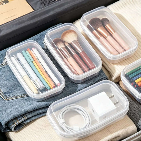 Six Pack Clear Hard Shell Zipper Cases Built Like A Tank With Solid Pet Plastic Keeps Tech And Cards Smash Free Stackable Measures Seven Point Nine By Four Point Seven By Two Inches Ultimate Setup storing art supplies and tech accessories.