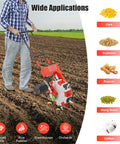 Farmer using Six Nozzle Hand Push Seeder For DIY Farmers And Garden Pros With Eight Pound Seed Box And Red Roller Manual Seed Planter