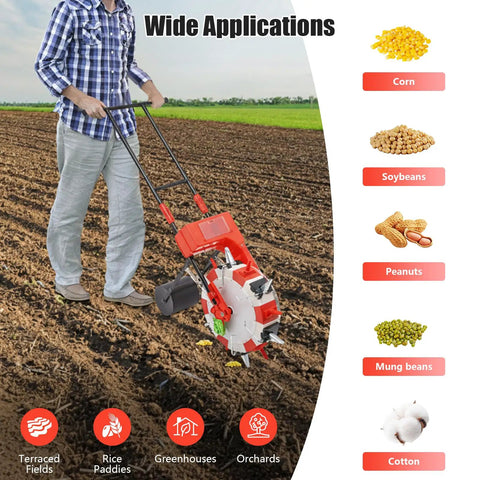 Farmer using Six Nozzle Hand Push Seeder For DIY Farmers And Garden Pros With Eight Pound Seed Box And Red Roller Manual Seed Planter