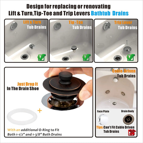 Slick Universal Bathtub Drain Stopper and Cover fits Lift and Turn Tip Toe Drains with O-Ring for easy swap and maintenance.