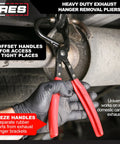 ARES 14020 heavy-duty exhaust hanger removal pliers with red handles; 25° offset for hard-to-reach places, close-up view