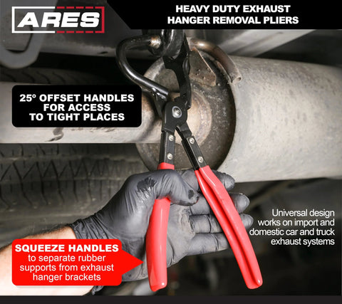 ARES 14020 heavy-duty exhaust hanger removal pliers with red handles; 25° offset for hard-to-reach places, close-up view