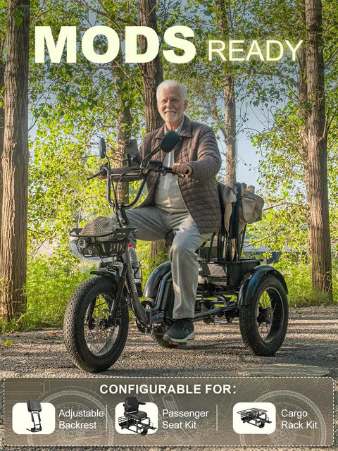 Creek Folding Electric Tricycle for Adults With Passenger Seat and Backrest, 1000W E Trike Reaches 20 MPH, Up to 80 Miles, Gray