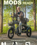 Foldable Electric Tricycle For Adults Two Seater With Dual Batteries 20 MPH Top Speed And 80 Mile Range Fat Tire Three Wheel Electric Bike With Passenger Kit 1000W Motor Smooth Cruise And All Day Fun, older man riding