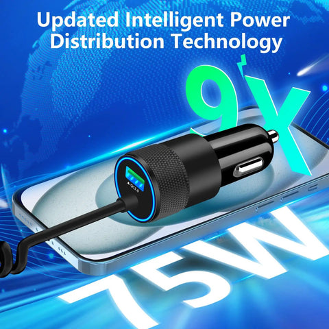 MFi Certified 75W USB C PD And QC Car Charger With 6Ft Coiled Cable For iPhone 17 Series 16 15 Pro Max Plus Galaxy S26 S25 Pixel Fast Charge In Your Car with intelligent power distribution