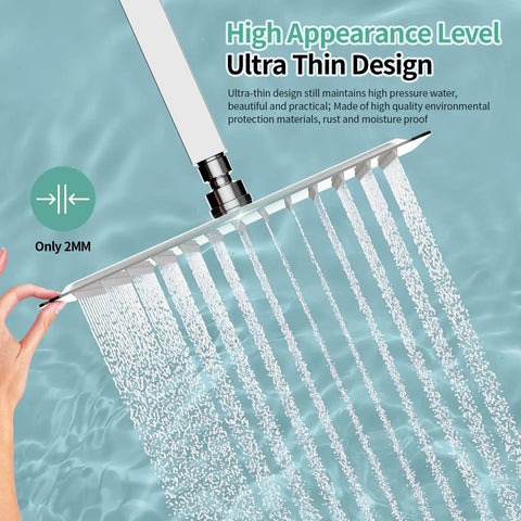 Luxury 12 Inch Square Stainless Steel Shower Head with High Pressure Rainfall Ultra Thin Design Water Saving Polished Chrome