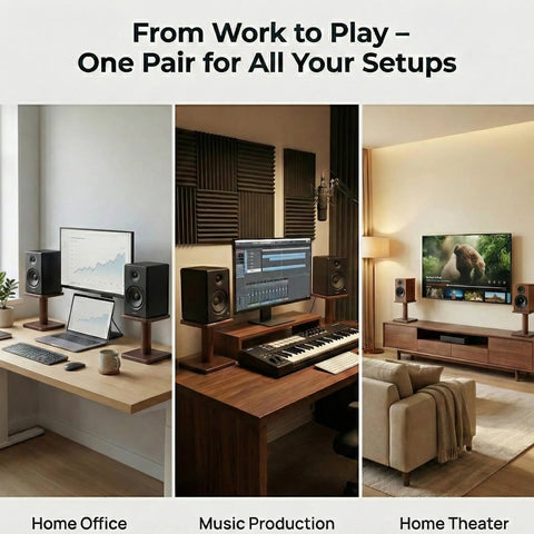 Solid Wood Desktop Speaker Stands With Natural Style And 360 Degree Rotatable Top Plate in home office, studio, and home theater