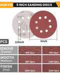 5 Inch Sander Replacement Pad Kit with 30 sanding discs shown including grit sizes 40 to 220, highlighting pro grade universal fit.