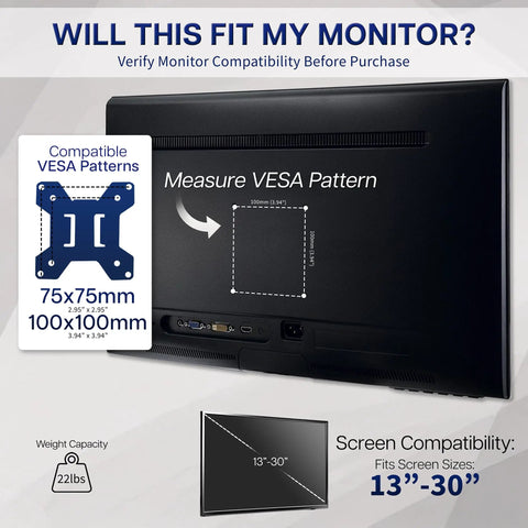 Solid Beefy Steel VESA Mounting Bracket 75X75mm And 100X100mm showing compatibility and VESA measurement instructions.