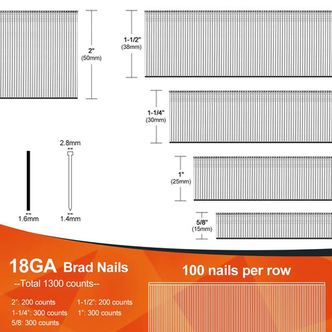 Diagram of Straight Shooter 18 Gauge Brad Nails Assorted 1300 Count Galvanized Steel with sizes and counts per row.