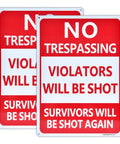 2 Pack Heavy Duty Reflective Aluminum No Trespassing Signs Violators Will Be Shot Warning For Night Visibility 14x10 Inch Yard Security Signs Weatherproof Rustproof Durable Outdoor Signage, front view