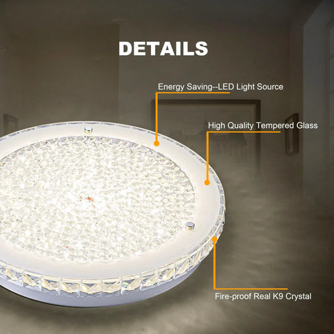 Crystal Ceiling Light Fixture LED Round Flush Mount Chandelier Dimmable 24W 2640LM 4000K Neutral White 14 Inch Diameter