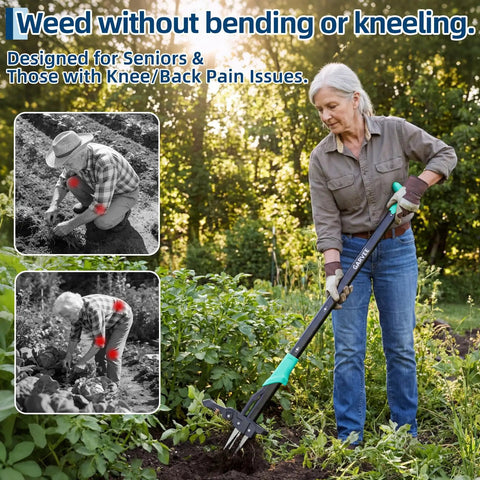 40 Inch Stand Up Weed Puller With 4 Claw Ejector Long Reach Garden Weeder For Easy Root Removal No Bending Kneeling Or Back Strain Effortless Dandelion Thistle And Crabgrass Removal in use