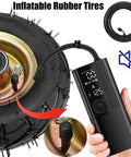 Skip The Rough Ride By Bolting These Heavy Duty Pneumatic Swivel Casters To Your Shop Cart Or Warehouse Rig Featuring Silky Smooth Shock Absorbing Natural Rubber Tires. Close-up of inflatable rubber tire with air pump.
