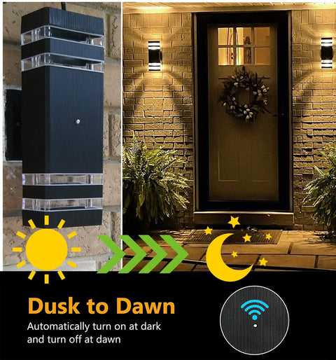 Exterior Dusk to Dawn LED Wall Sconces Two Pack Up and Down Modern Black Outdoor Porch Lights IP65 Waterproof 3000K Warm White Auto On Off Sensor for House and Garage