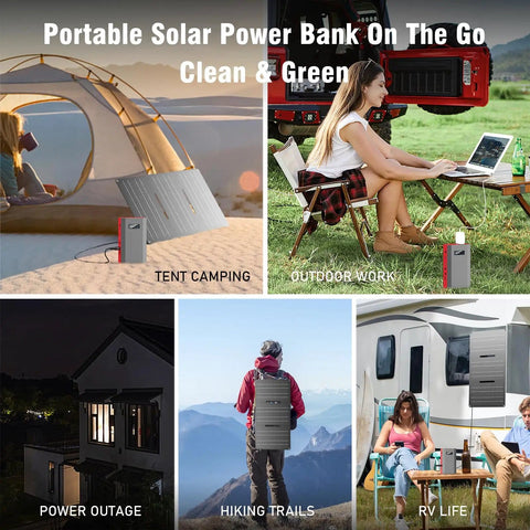 Off Grid Portable Solar Power Bank With 65W 110V AC Outlet 24000mAh External Battery Pack for outdoor camping, RV, and hiking.